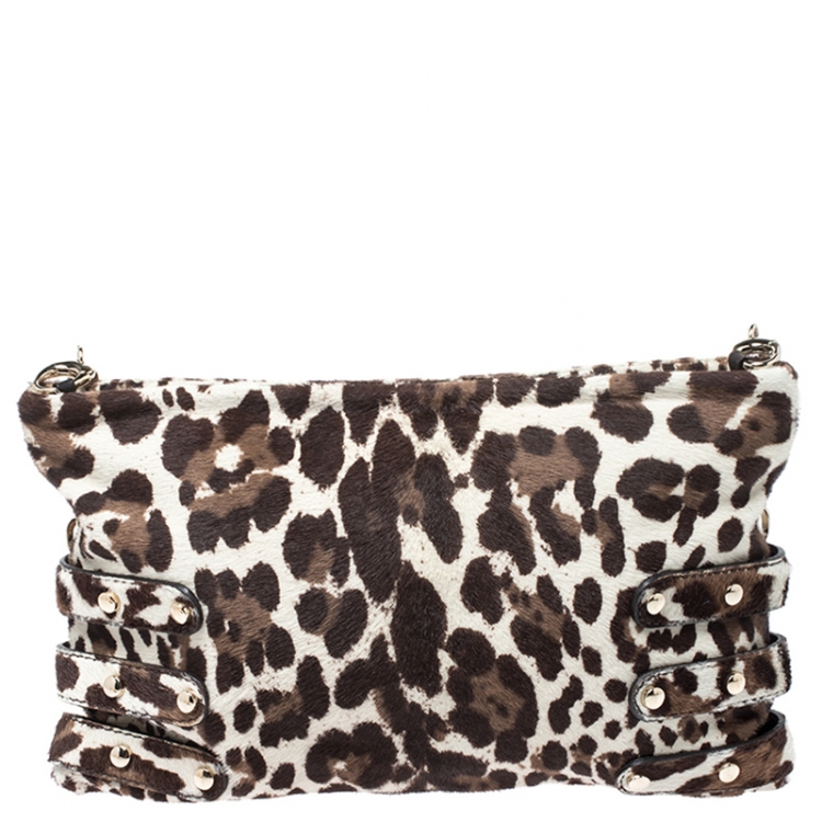 Pre Owned Jimmy Choo Brown/White Leopard Print Calfhair Chain Clutch 