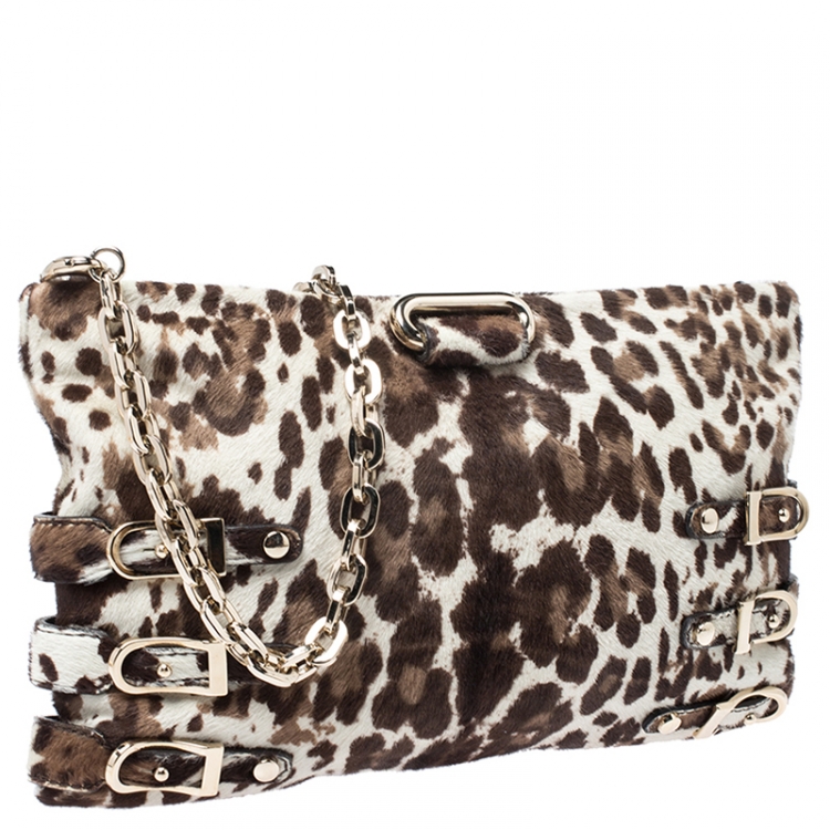 Pre Owned Jimmy Choo Brown/White Leopard Print Calfhair Chain Clutch 