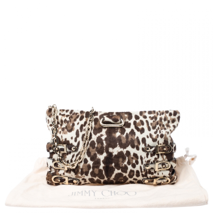 Pre Owned Jimmy Choo Brown/White Leopard Print Calfhair Chain Clutch 