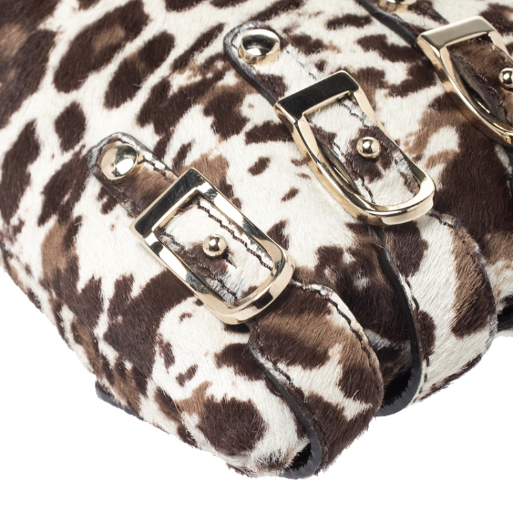 Pre Owned Jimmy Choo Brown/White Leopard Print Calfhair Chain Clutch 