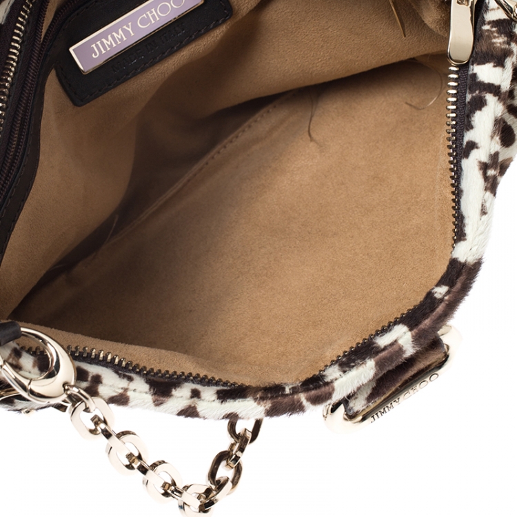 Pre Owned Jimmy Choo Brown/White Leopard Print Calfhair Chain Clutch 