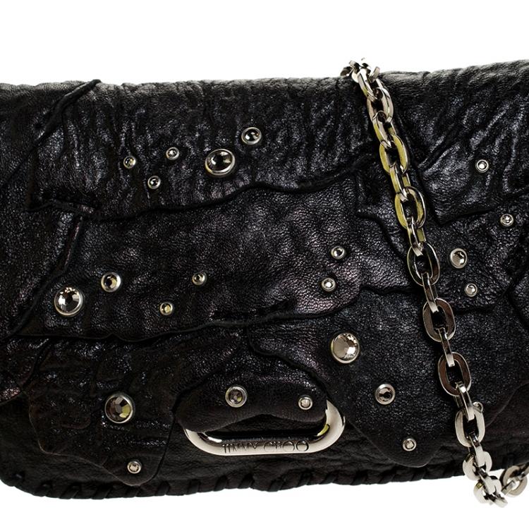 مملوكة مسبقًا Jimmy Choo Black Jewel Embellished Leather Flap Chain Shoulder Bag
