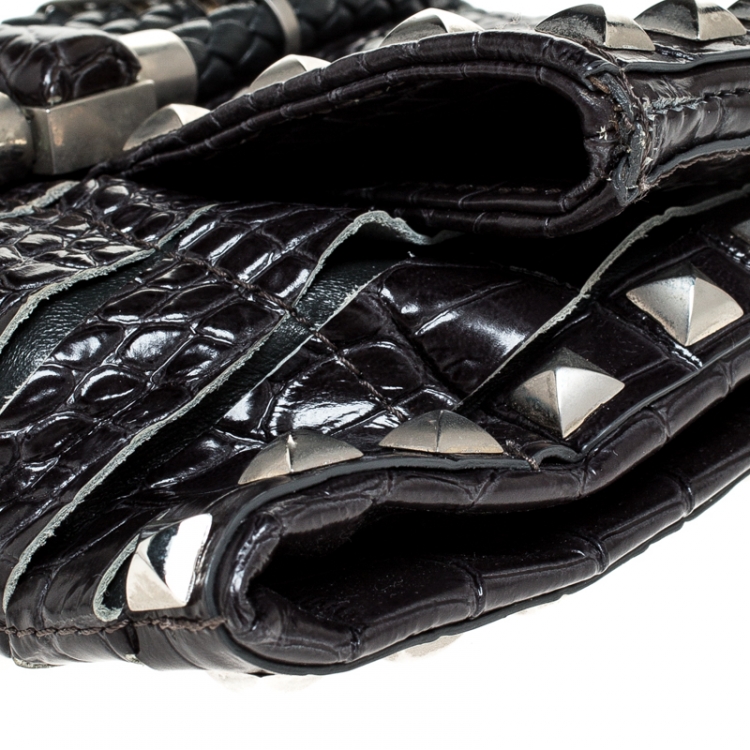 مملوكة مسبقًا Jimmy Choo Black Croc Embossed Leather Studded Chandra Clutch
