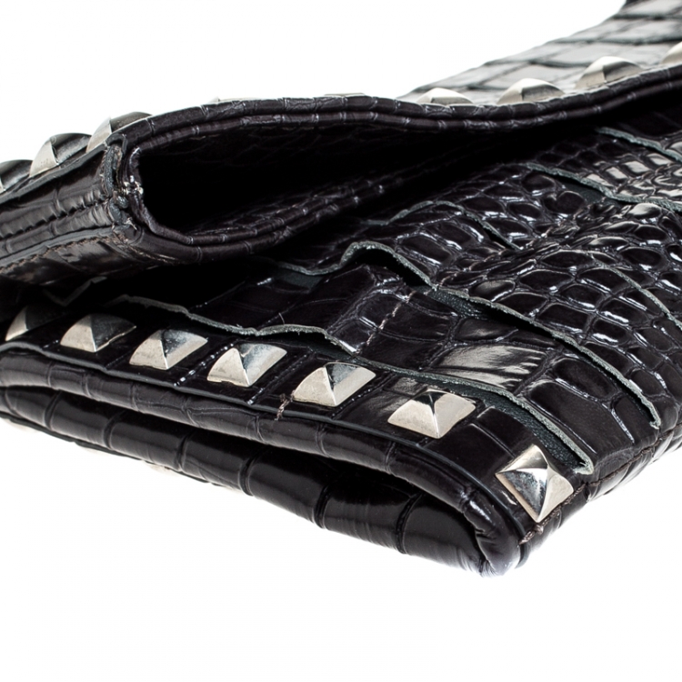 مملوكة مسبقًا Jimmy Choo Black Croc Embossed Leather Studded Chandra Clutch