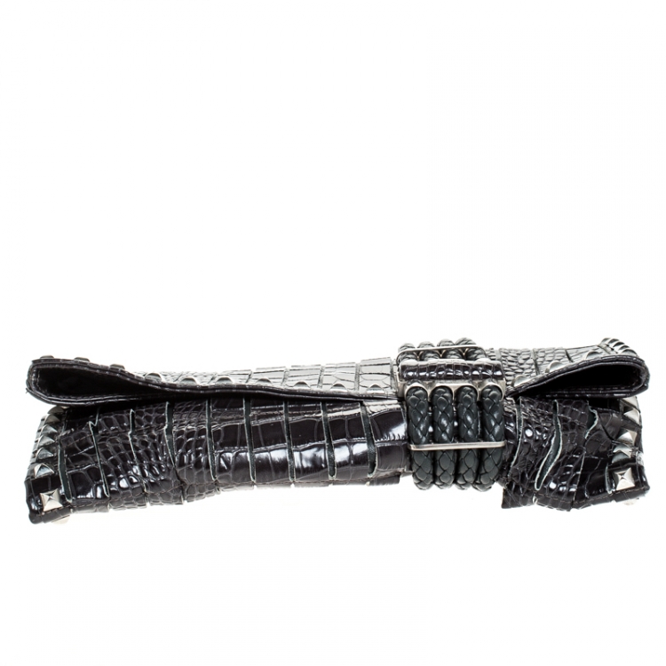 مملوكة مسبقًا Jimmy Choo Black Croc Embossed Leather Studded Chandra Clutch