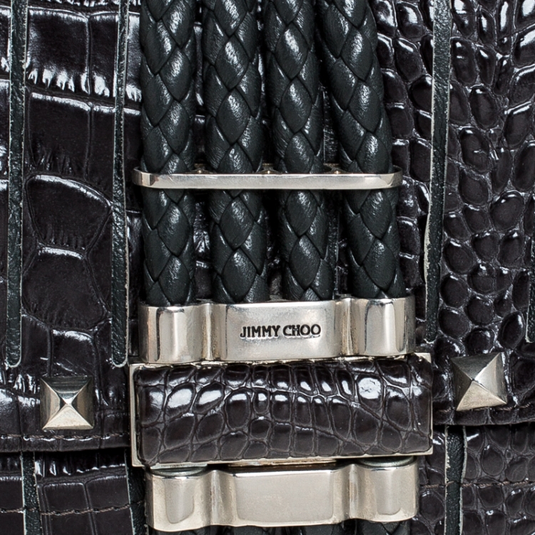 مملوكة مسبقًا Jimmy Choo Black Croc Embossed Leather Studded Chandra Clutch