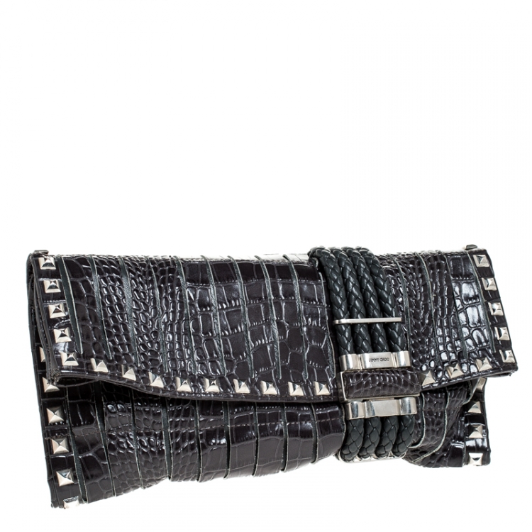 مملوكة مسبقًا Jimmy Choo Black Croc Embossed Leather Studded Chandra Clutch