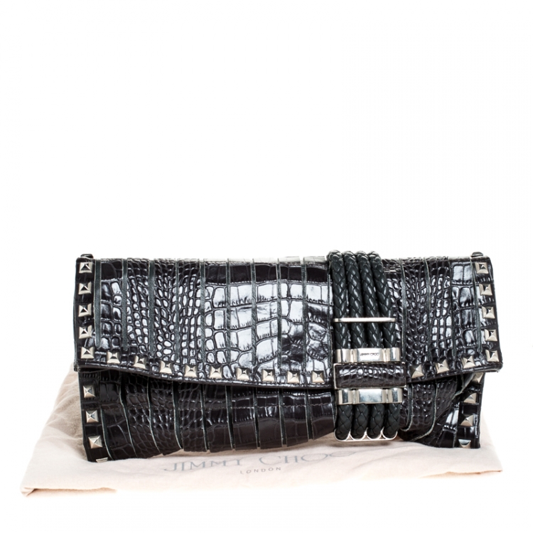 مملوكة مسبقًا Jimmy Choo Black Croc Embossed Leather Studded Chandra Clutch