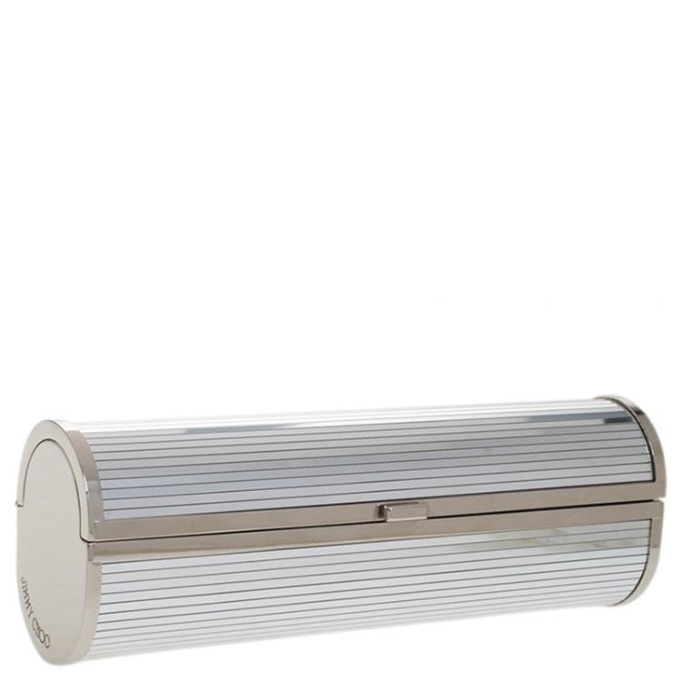 Pre Owned Jimmy Choo Silver Metal Disco Bars Cylinder Coma Clutch