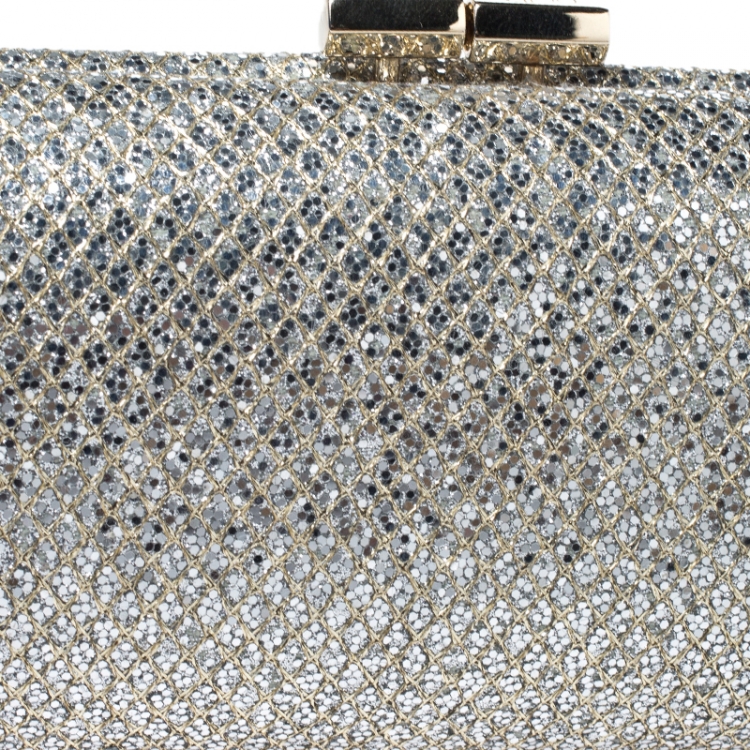 Pre Owned Jimmy Choo Silver/Gold Glitter Fabric Twill Tube Clutch