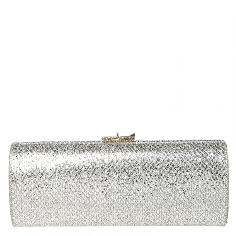 Pre Owned Jimmy Choo Silver/Gold Glitter Fabric Twill Tube Clutch