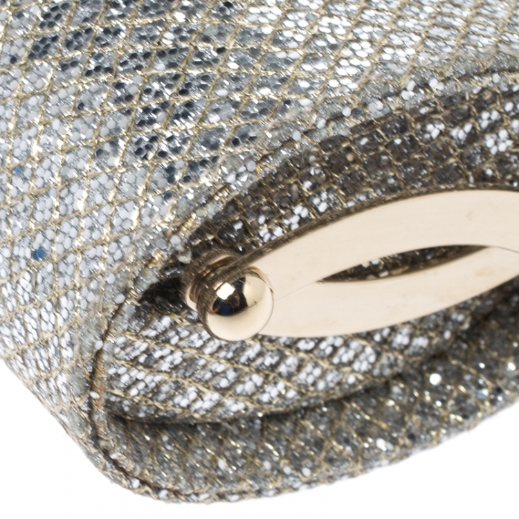 Pre Owned Jimmy Choo Silver/Gold Glitter Fabric Twill Tube Clutch