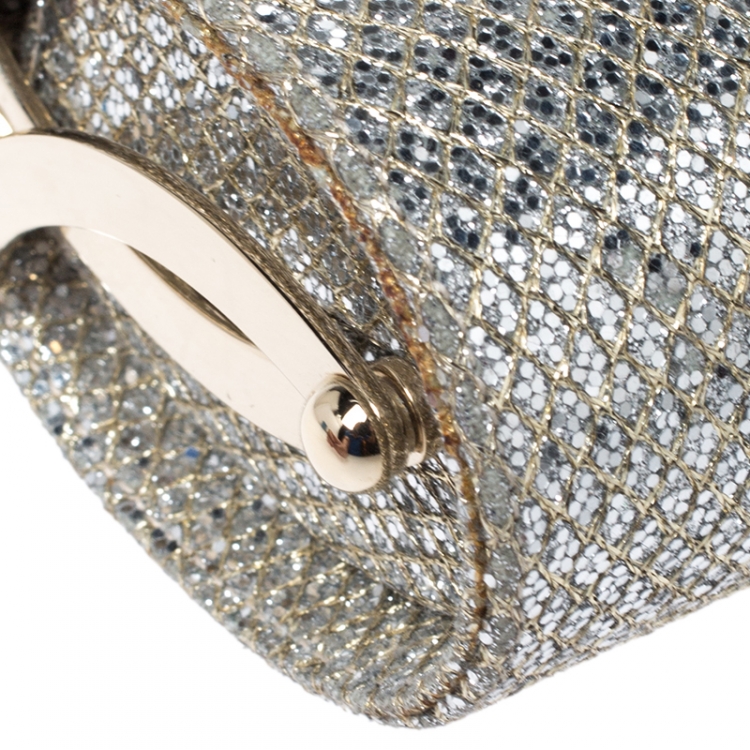 Pre Owned Jimmy Choo Silver/Gold Glitter Fabric Twill Tube Clutch