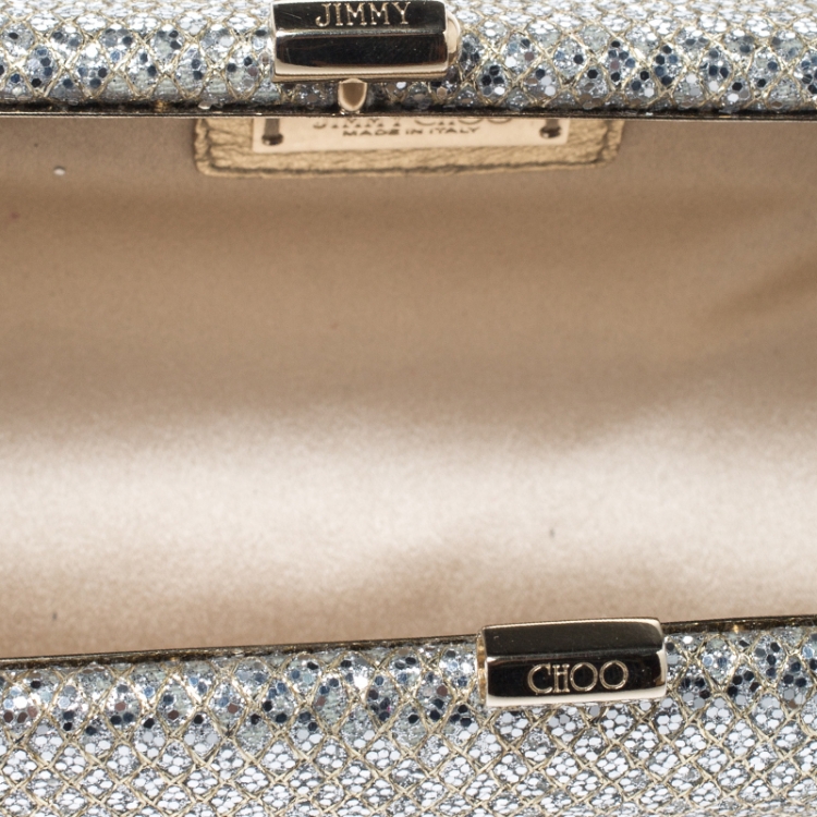 Pre Owned Jimmy Choo Silver/Gold Glitter Fabric Twill Tube Clutch