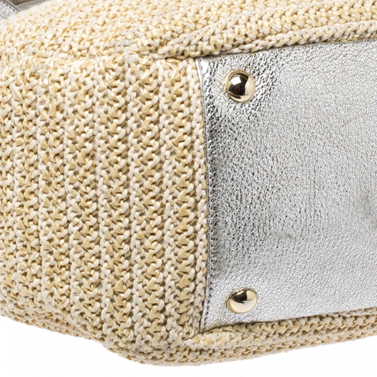 Pre Owned Jimmy Choo Beige/Silver Raffia and Shimmer Leather Rania Tote