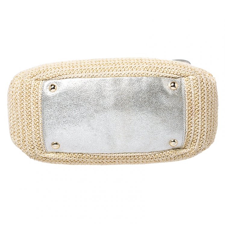 Pre Owned Jimmy Choo Beige/Silver Raffia and Shimmer Leather Rania Tote