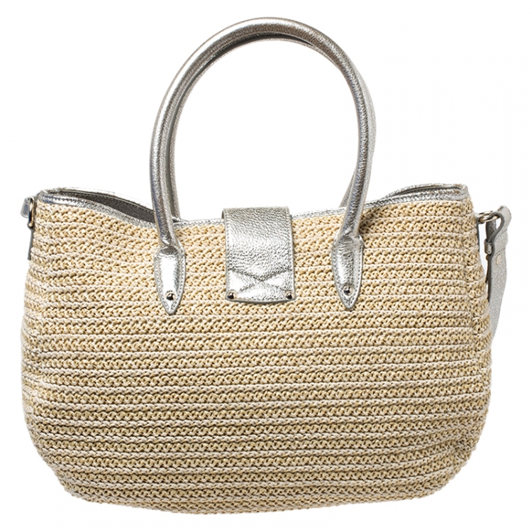 Pre Owned Jimmy Choo Beige/Silver Raffia and Shimmer Leather Rania Tote