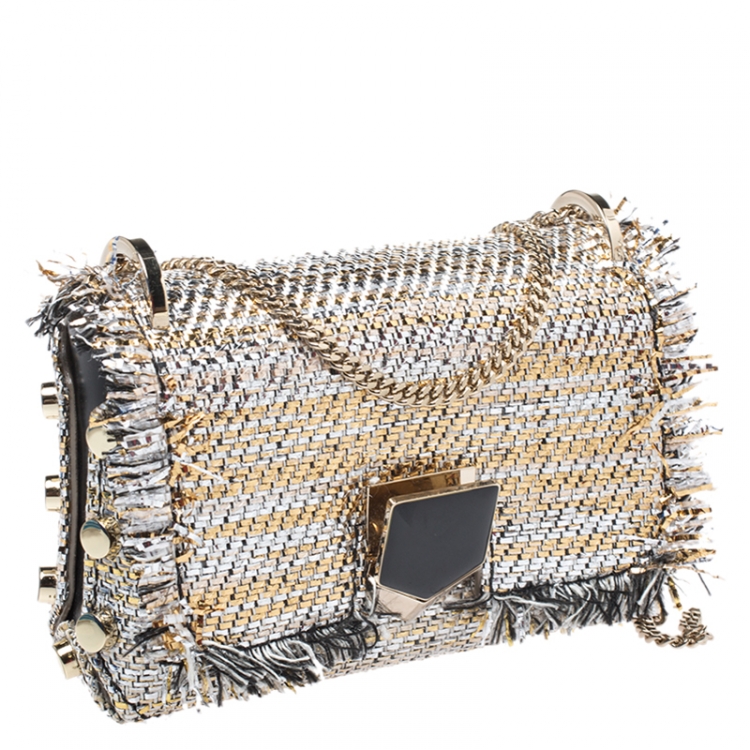 Pre Owned Jimmy Choo Metallic Woven Straw and Fabric Lockett Shoulder Bag
