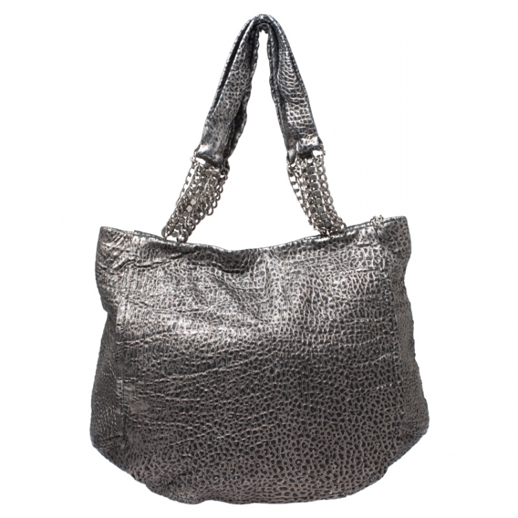 Pre Owned Jimmy Choo Black/Silver Embossed Leather Multichain Tote
