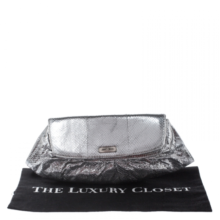 مملوكة مسبقًا Jimmy Choo Metallic Silver Snakeskin Leather Clutch