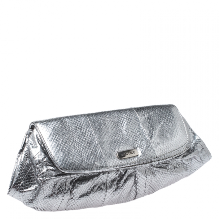 مملوكة مسبقًا Jimmy Choo Metallic Silver Snakeskin Leather Clutch