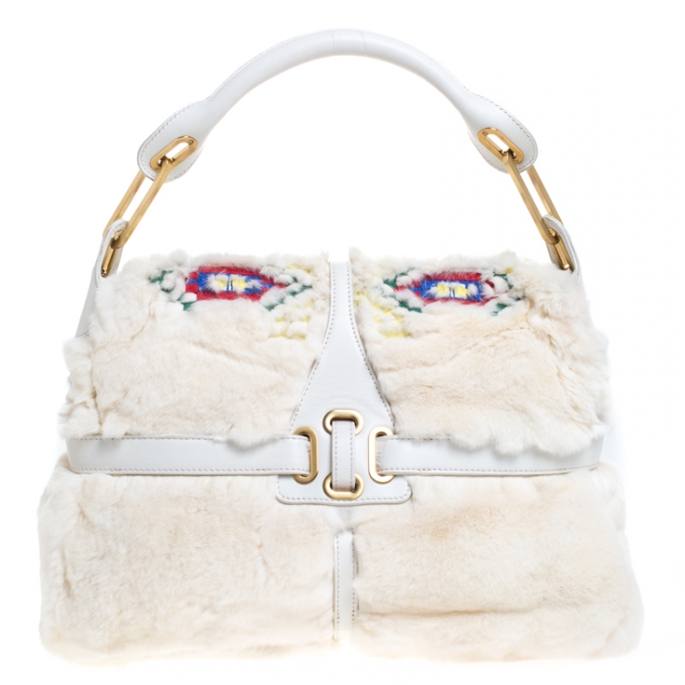 مملوكة مسبقًا Jimmy Choo White Leather and Fur  Tulita Shoulder Bag