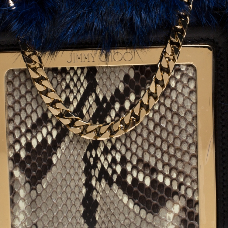Pre Owned Jimmy Choo Blue Fur and Python Ava Crossbody Bag