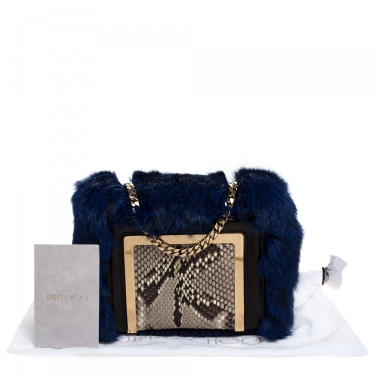 Pre Owned Jimmy Choo Blue Fur and Python Ava Crossbody Bag