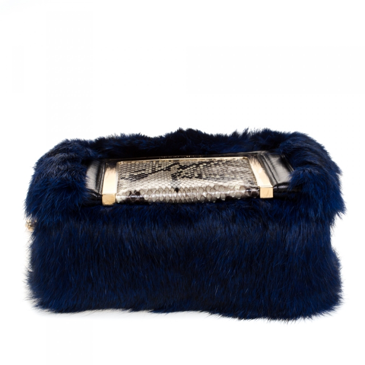 Pre Owned Jimmy Choo Blue Fur and Python Ava Crossbody Bag