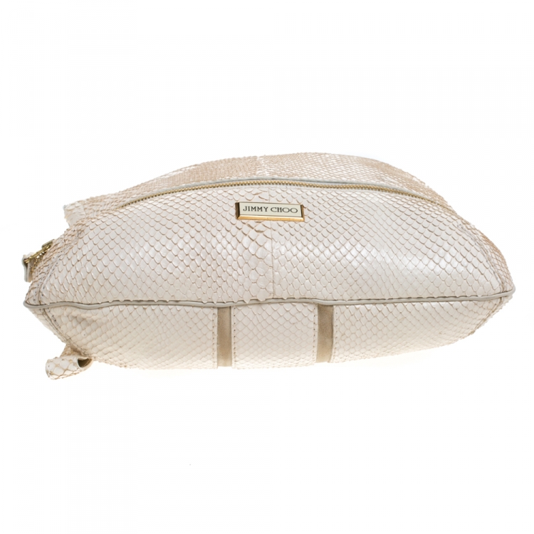 Pre Owned Jimmy Choo Off White Snakeskin Foldover Clutch