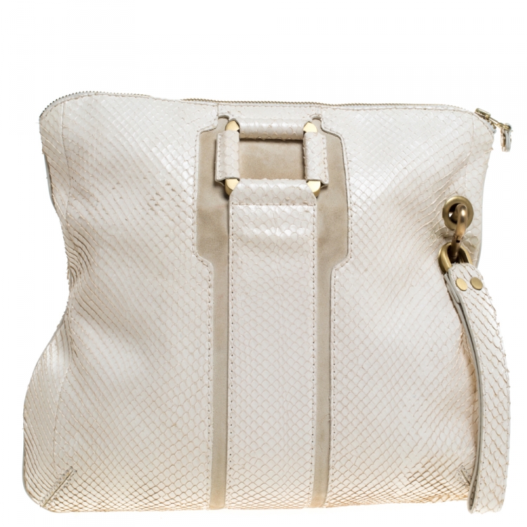 Pre Owned Jimmy Choo Off White Snakeskin Foldover Clutch