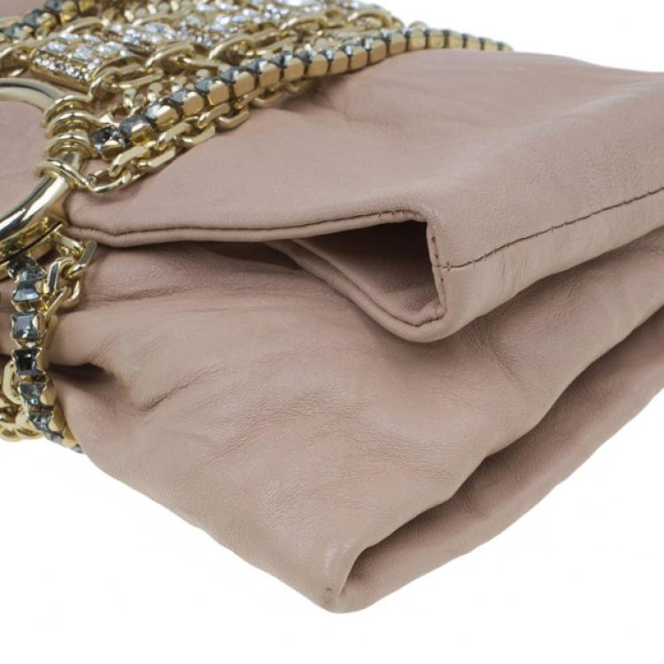 Pre Owned Jimmy Choo Blush Pink Distressed Leather Embellished Chandra Clutch
