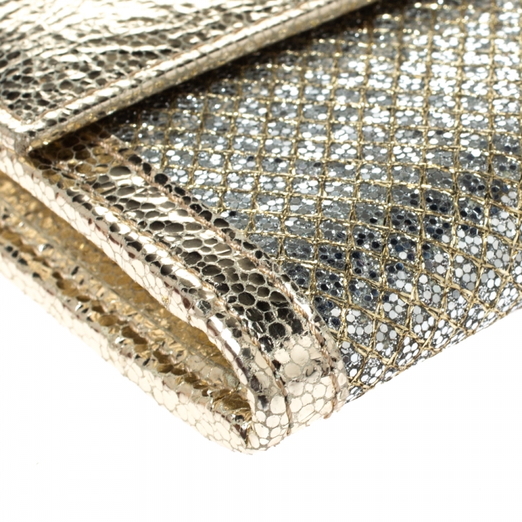 Pre Owned Jimmy Choo Metallic Gold Leather and Glitter Reese Flap Clutch