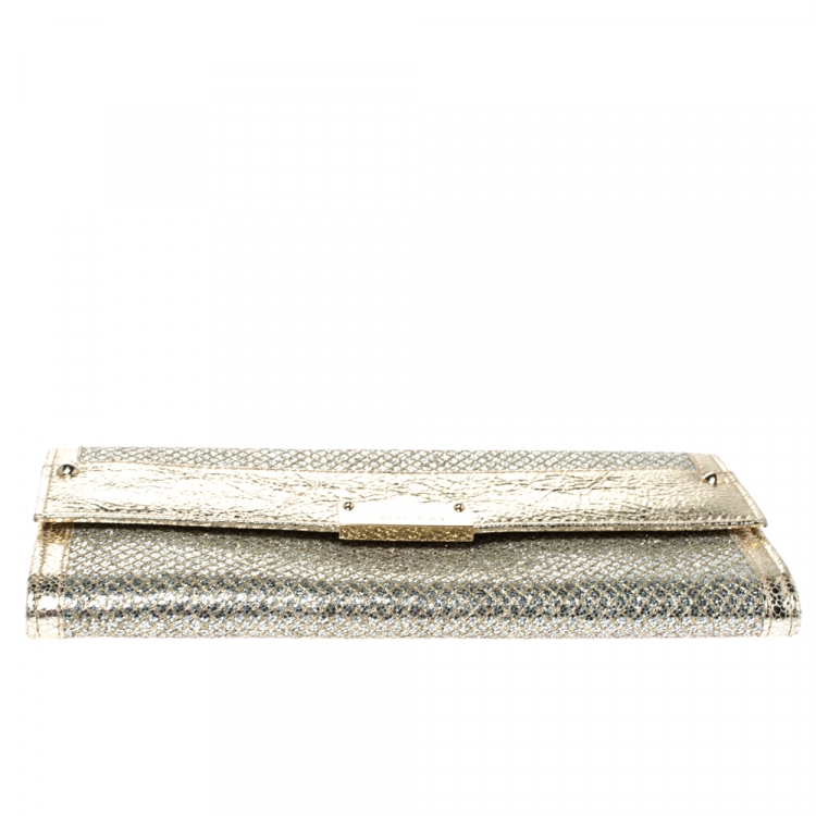 Pre Owned Jimmy Choo Metallic Gold Leather and Glitter Reese Flap Clutch