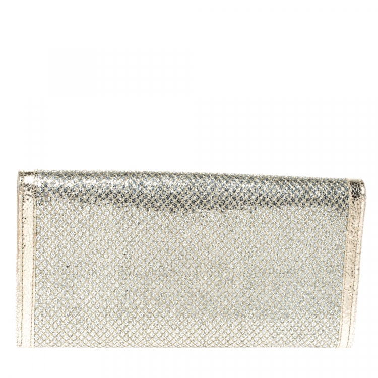 Pre Owned Jimmy Choo Metallic Gold Leather and Glitter Reese Flap Clutch