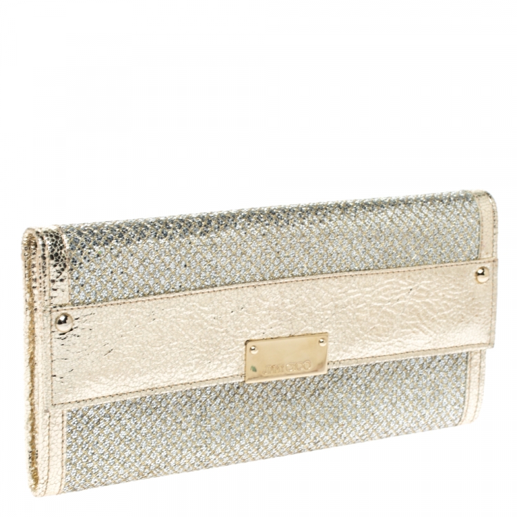 Pre Owned Jimmy Choo Metallic Gold Leather and Glitter Reese Flap Clutch