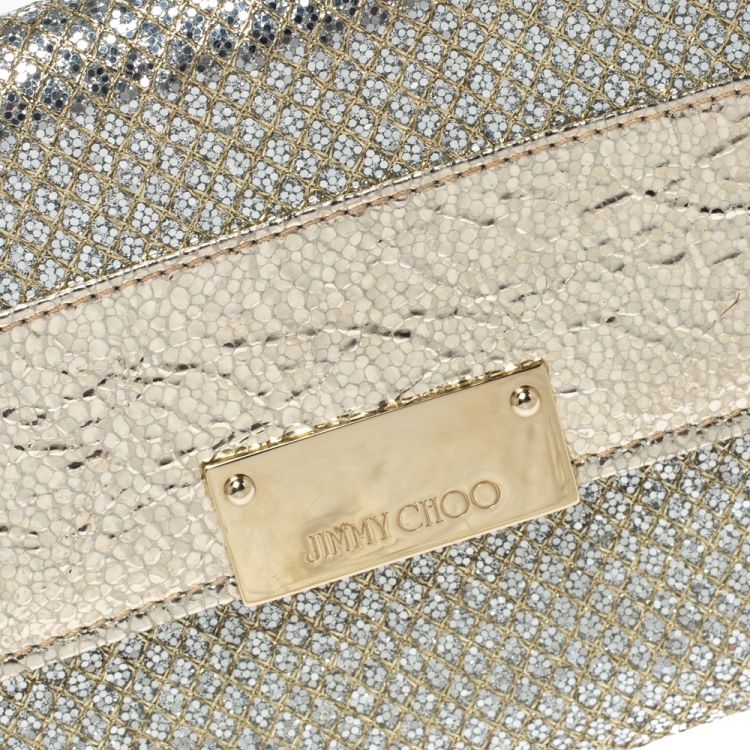 Pre Owned Jimmy Choo Metallic Gold Leather and Glitter Reese Flap Clutch