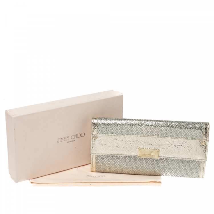 Pre Owned Jimmy Choo Metallic Gold Leather and Glitter Reese Flap Clutch
