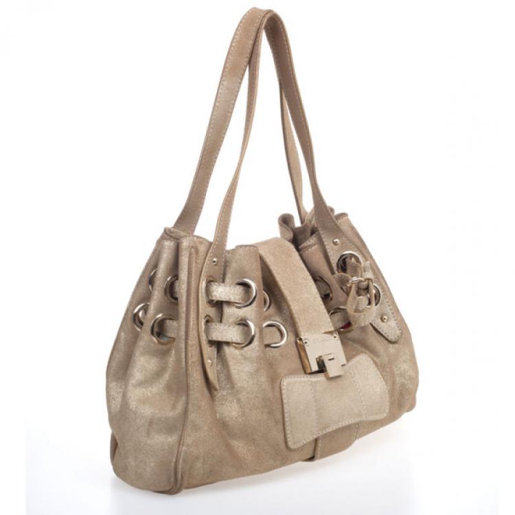 Pre Owned Jimmy Choo Metallic Gold Suede Ramona Tote Bag