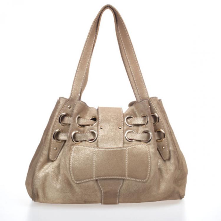 Pre Owned Jimmy Choo Metallic Gold Suede Ramona Tote Bag