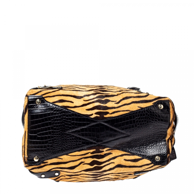 Pre Owned Jimmy Choo Brown/Black Leopard Print Calfhair and Croc Embossed Leather Blythe M Bag