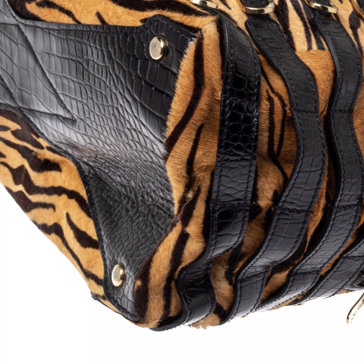 Pre Owned Jimmy Choo Brown/Black Leopard Print Calfhair and Croc Embossed Leather Blythe M Bag