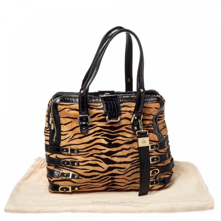 Pre Owned Jimmy Choo Brown/Black Leopard Print Calfhair and Croc Embossed Leather Blythe M Bag