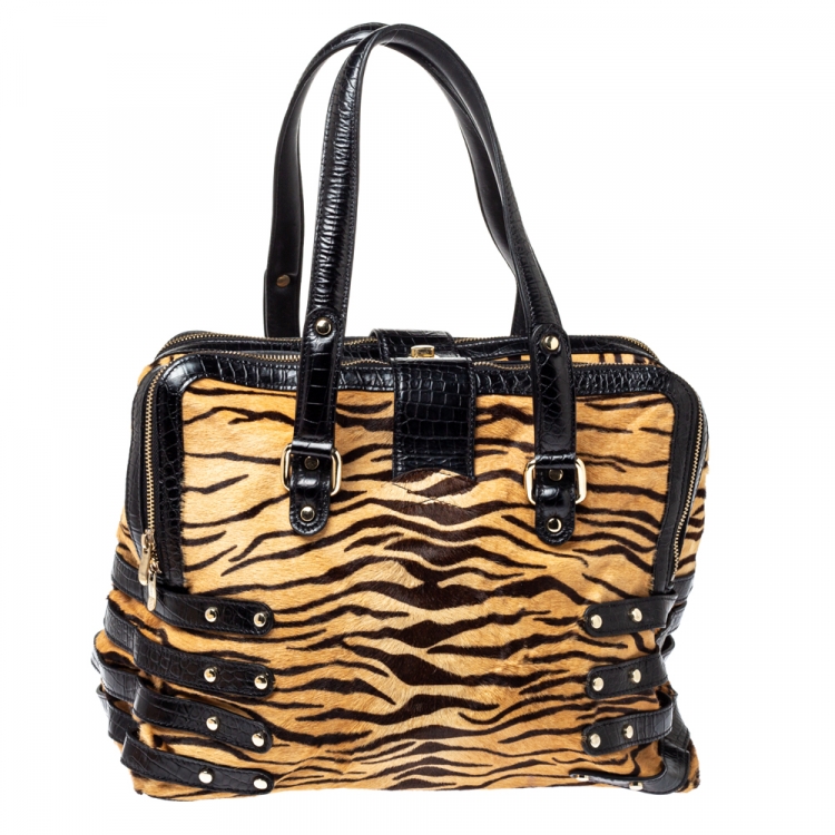 Pre Owned Jimmy Choo Brown/Black Leopard Print Calfhair and Croc Embossed Leather Blythe M Bag