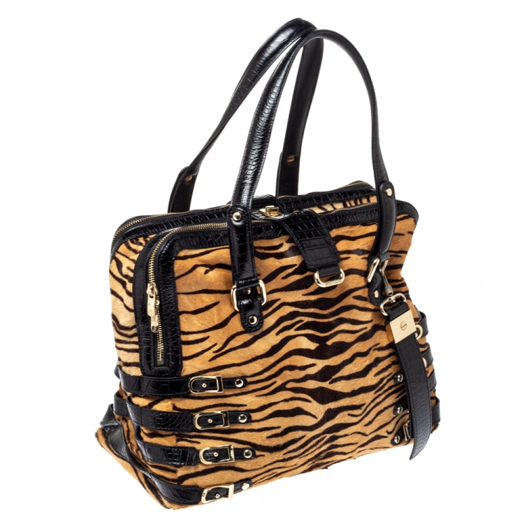 Pre Owned Jimmy Choo Brown/Black Leopard Print Calfhair and Croc Embossed Leather Blythe M Bag