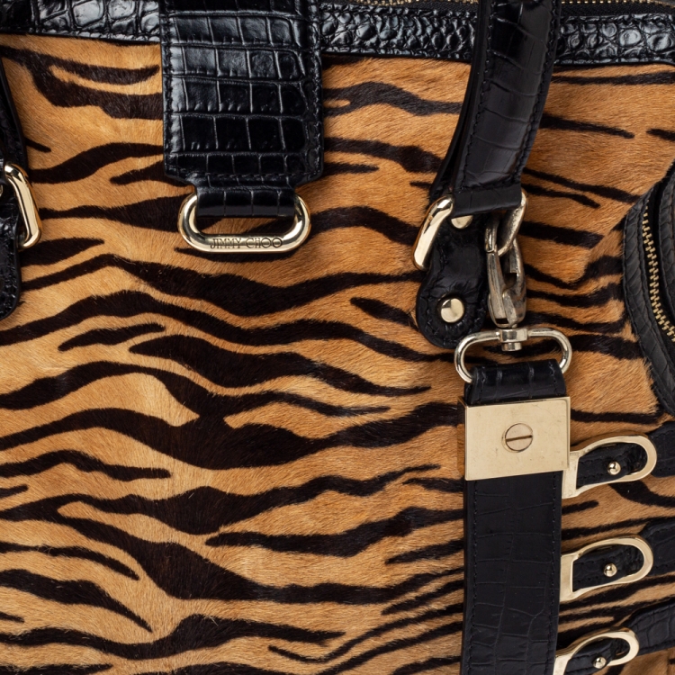 Pre Owned Jimmy Choo Brown/Black Leopard Print Calfhair and Croc Embossed Leather Blythe M Bag