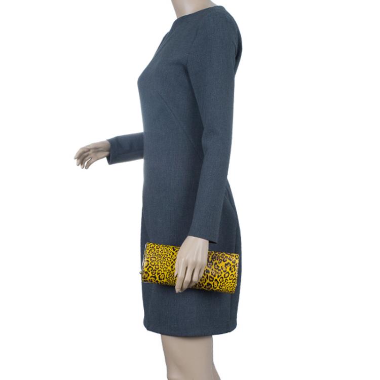 Pre Owned Jimmy Choo Yellow Patent Leopard Print Twill Tube Clutch