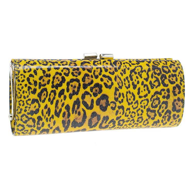 Pre Owned Jimmy Choo Yellow Patent Leopard Print Twill Tube Clutch