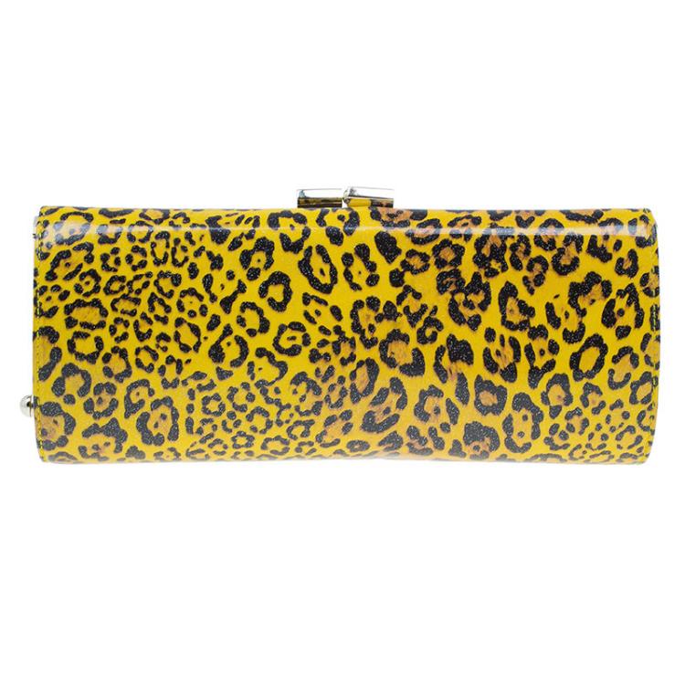 Pre Owned Jimmy Choo Yellow Patent Leopard Print Twill Tube Clutch