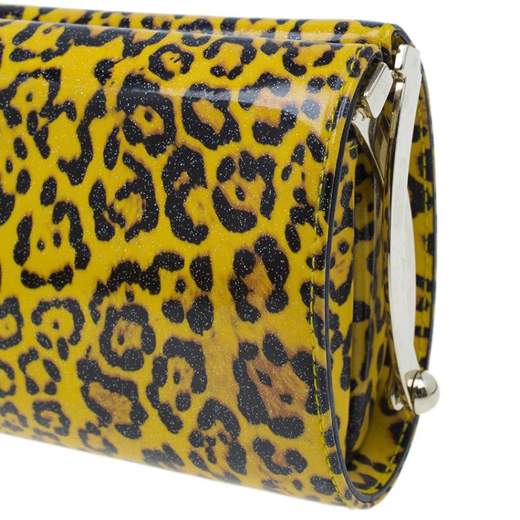 Pre Owned Jimmy Choo Yellow Patent Leopard Print Twill Tube Clutch